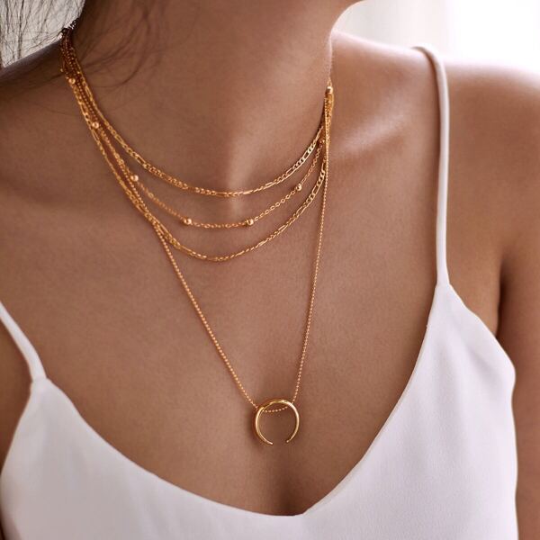 

Moon Pendant Layered Chain Necklace, Gold