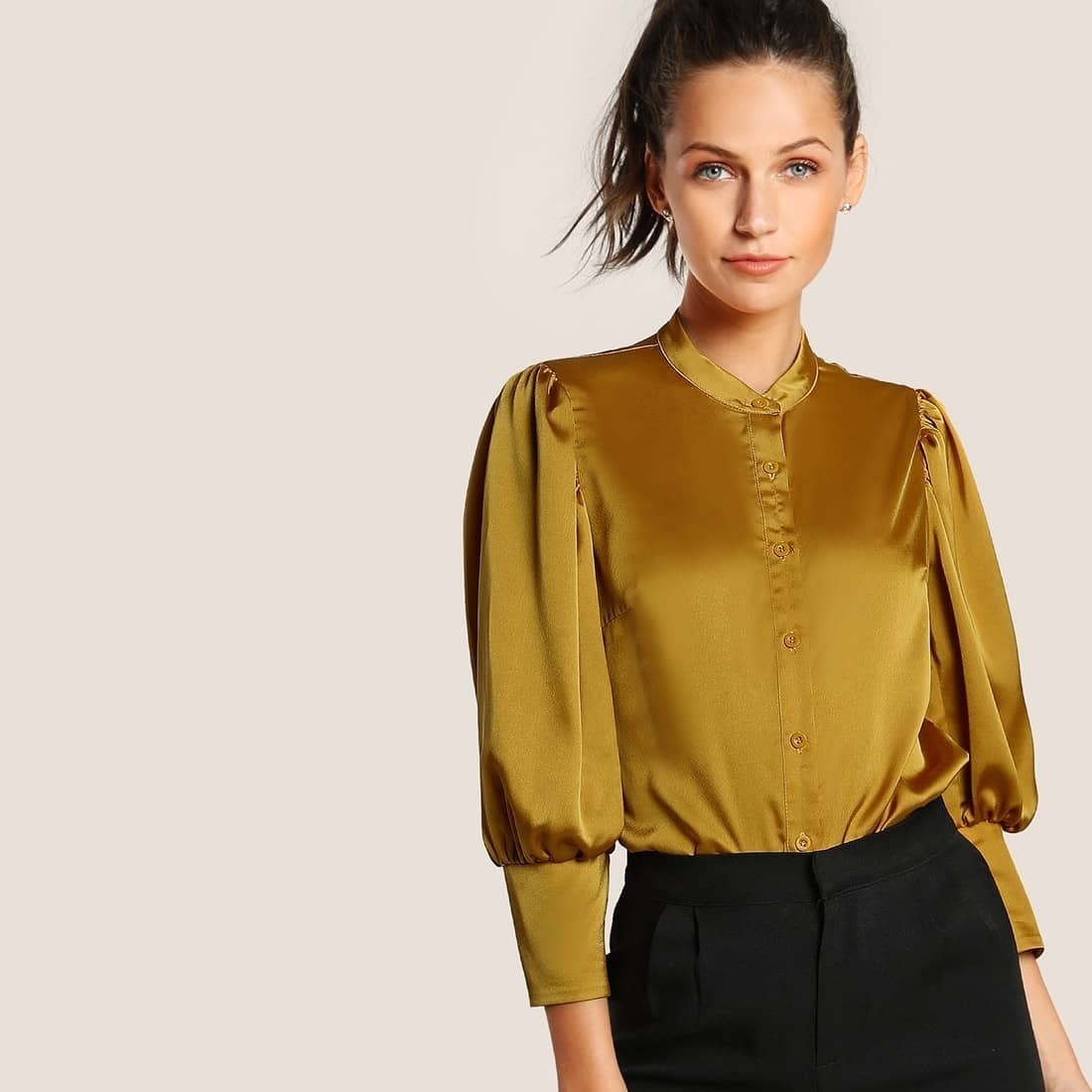 

Puff Sleeve Button Through Satin Top, Yellow