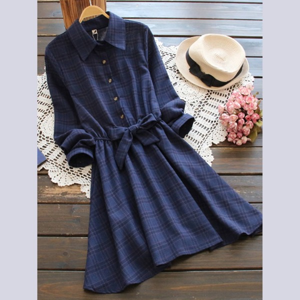 

Bow Tie Elastic Waist Check Shirt Dress