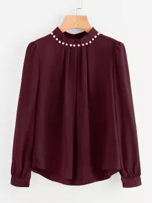 Blusa de gasa de manga puff con perlas - Burdeos - Ver 1