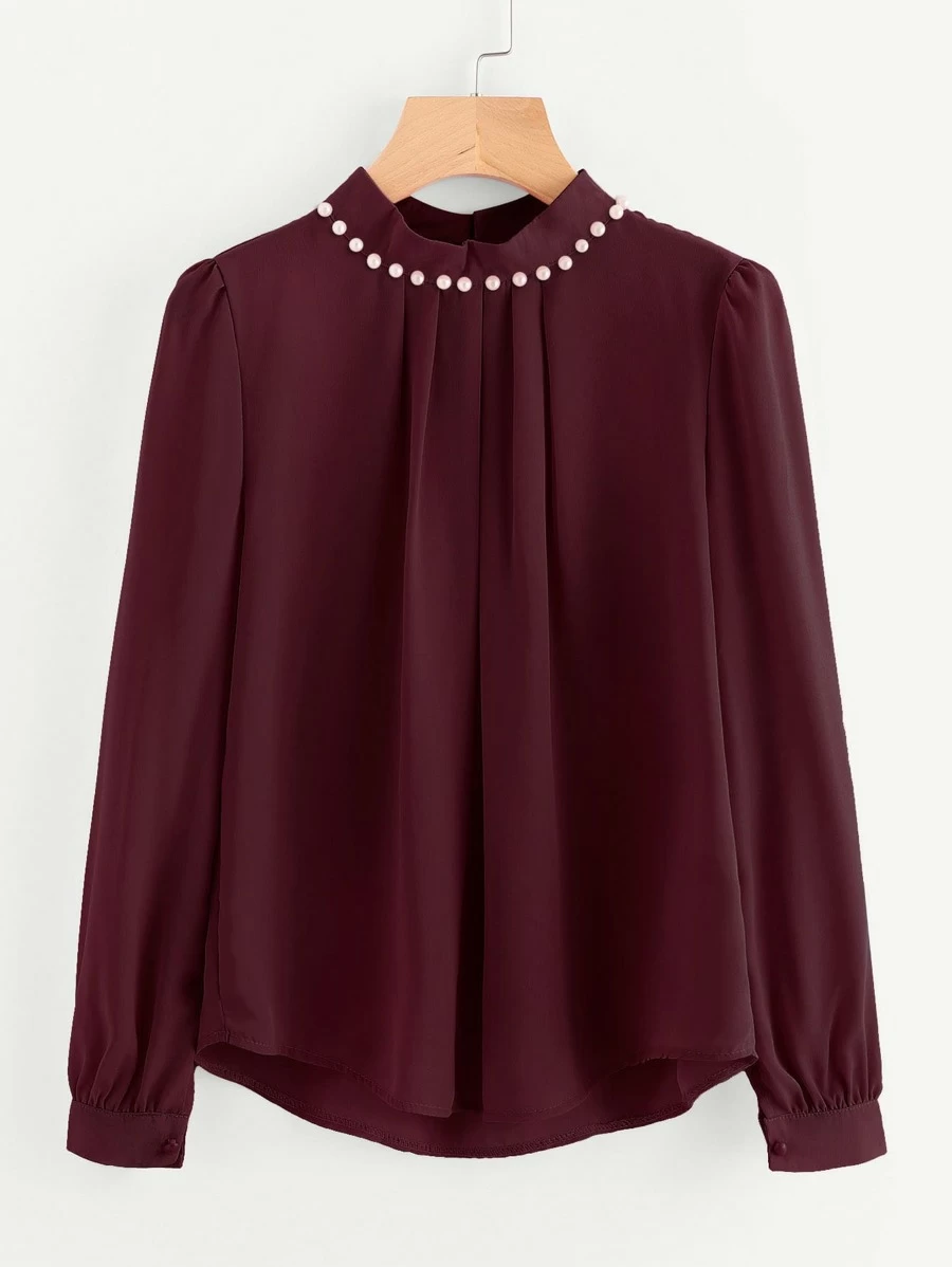 Blusa de gasa de manga puff con perlas - Burdeos - Ver 1