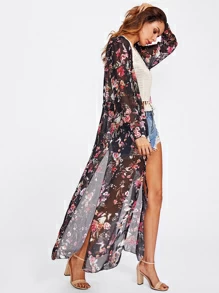 Random Floral Slit Side Drawstring Kimono, For Summer Beach Vacation - Multicolor - View 1