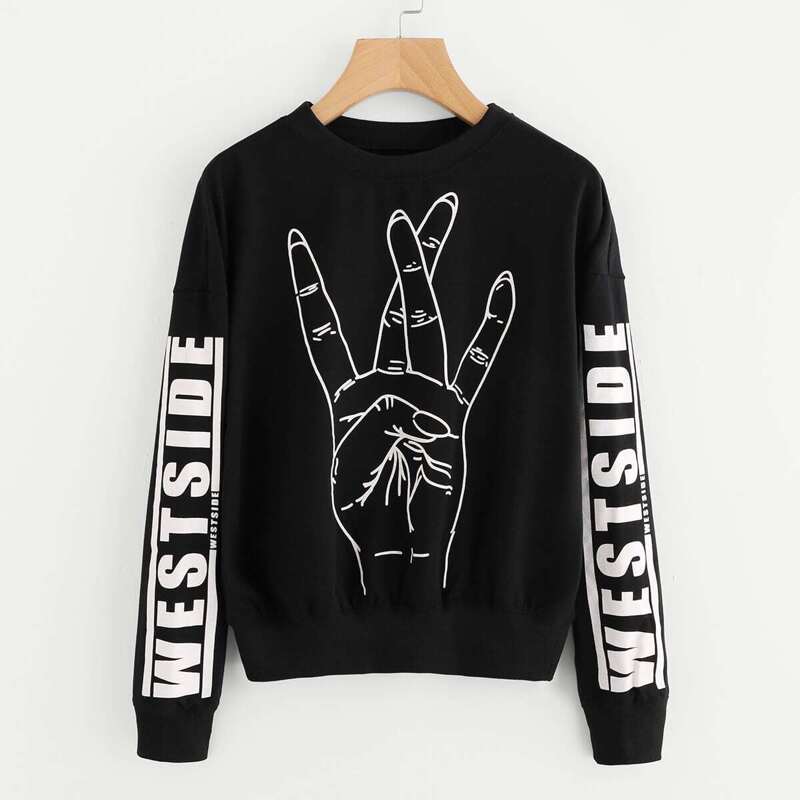 

Slogan Print Drop Shoulder Pullover, Black