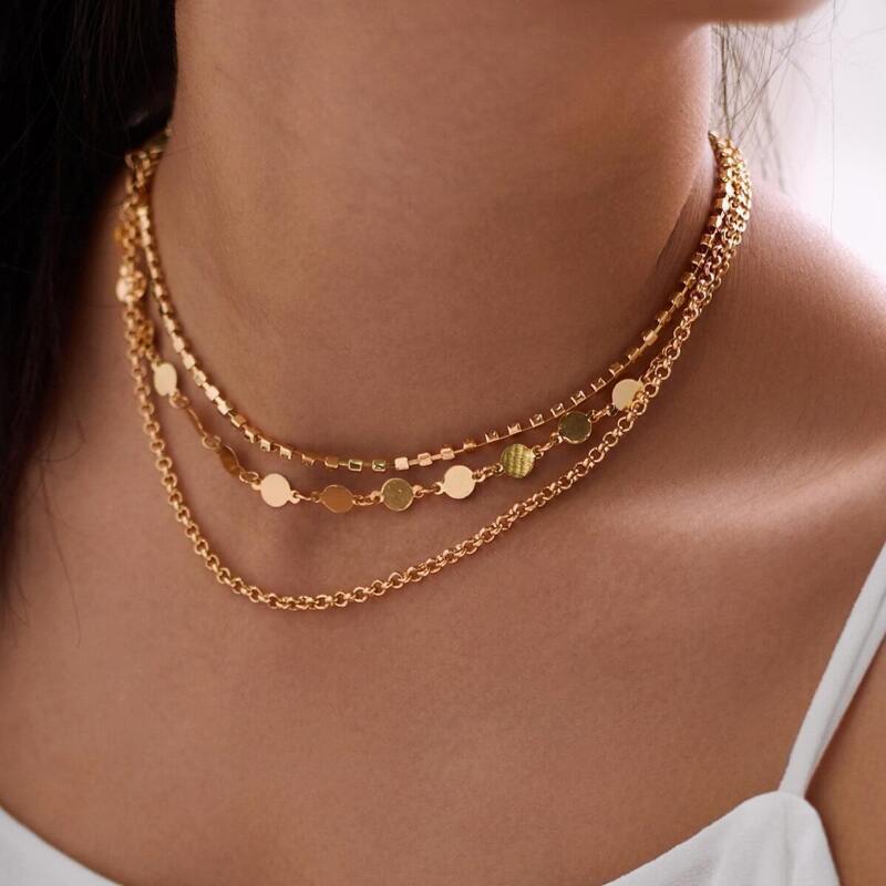 

Rhinestone & Beaded Design Layered Necklace, Gold