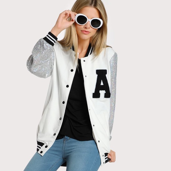 

A Patch Sequin Sleeve Stripe Trim Baseball Jacket, Multicolor