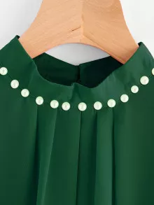 Pearl Beading Puff Sleeve Chiffon Blouse - Green - View 3