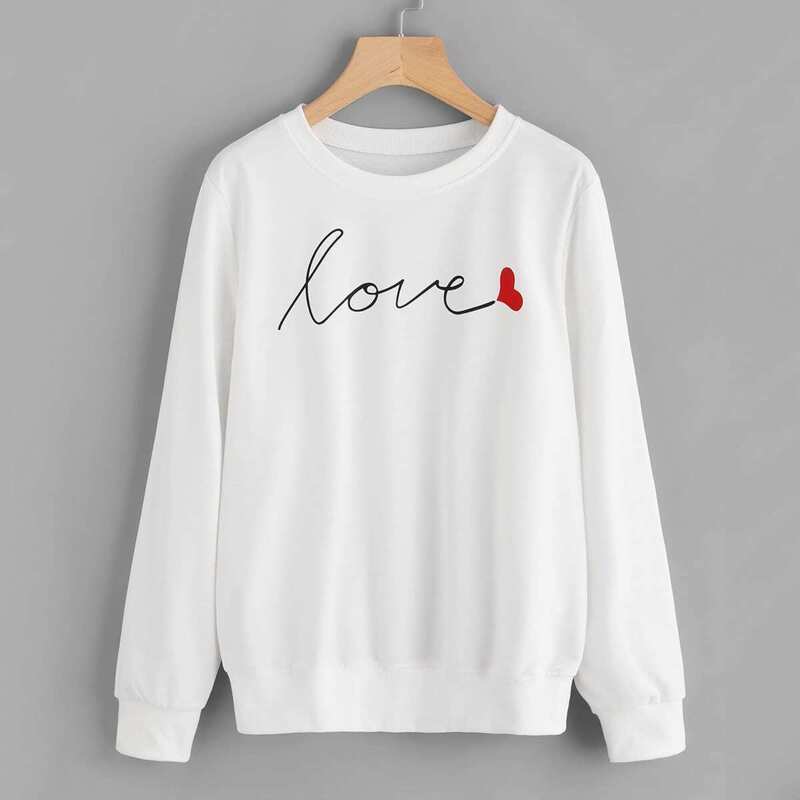 

Love Print Ribbed Trim Sweatshirt, White
