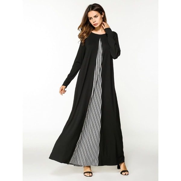 

Stripe Contrast Full Length Dress, Black and white