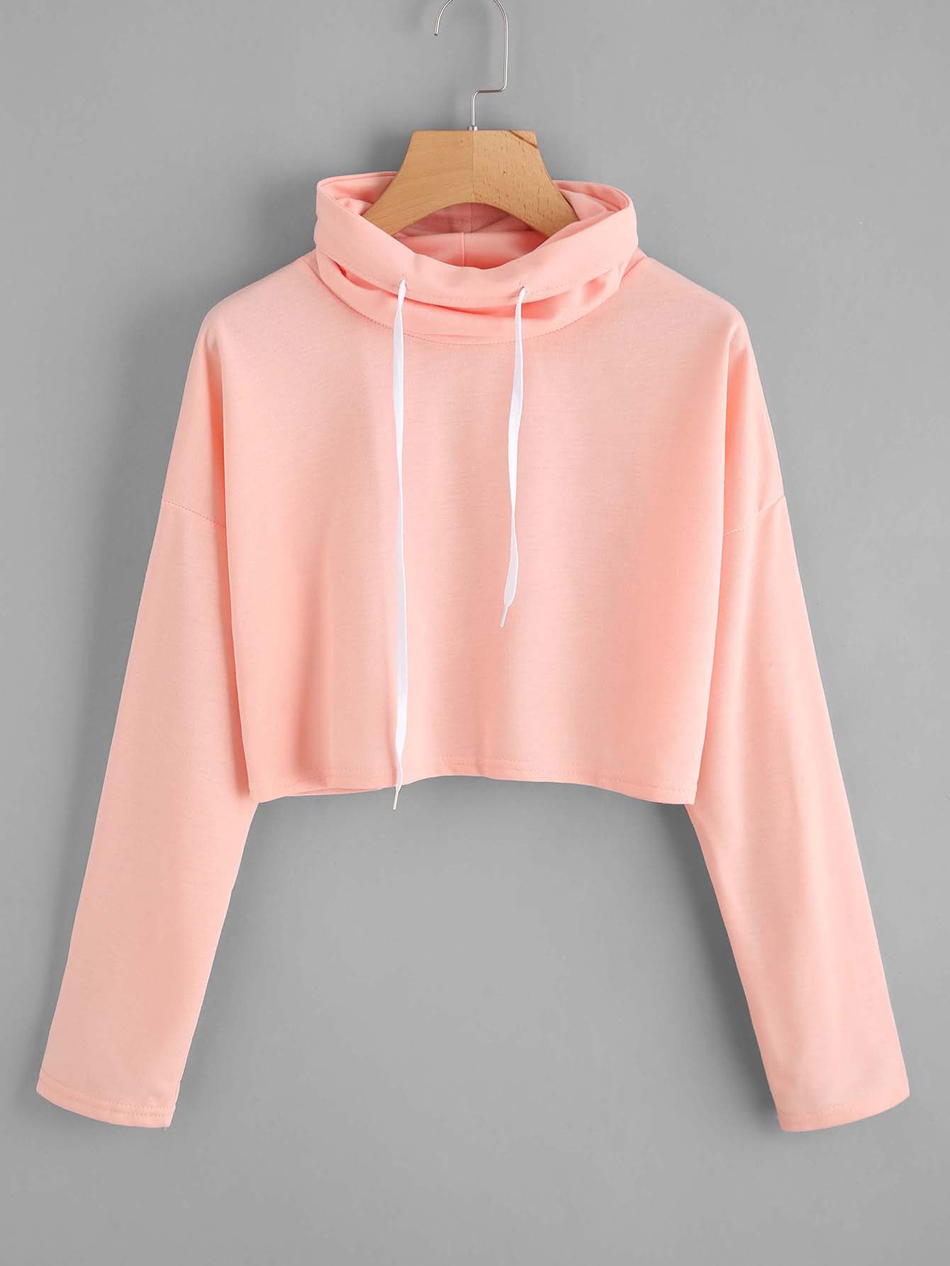 

High Neck Drawstring Crop Sweatshirt, Pink