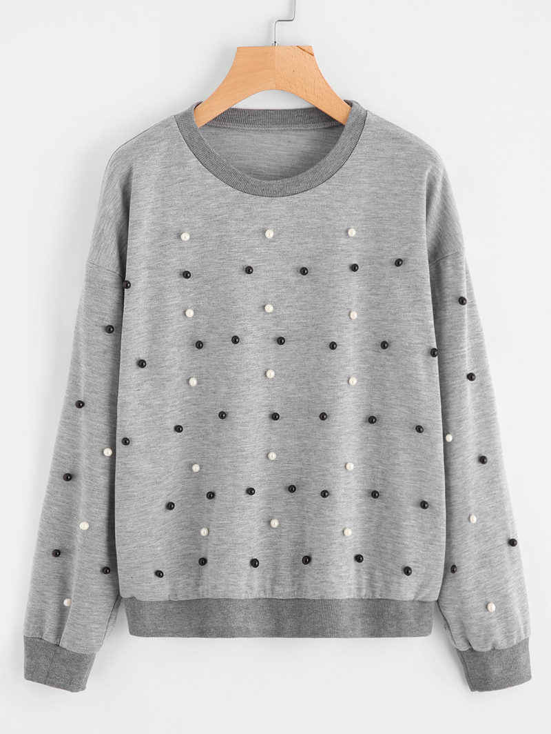 

Drop Shoulder Pearl Beading Sweatshirt, Grey