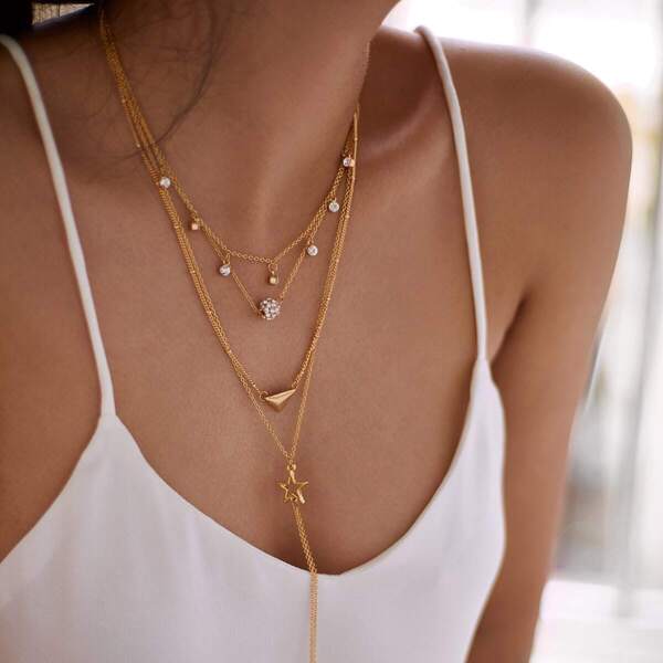 

Star & Triangle Pendant Layered Chain Necklace, Gold
