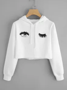Blink One Eye Print Crop Hoodie - White - View 1