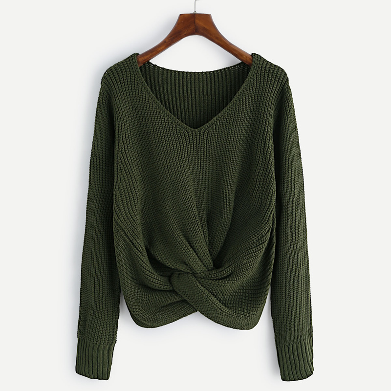 

V-neckline Twist Front Chunky Sweater, Army green