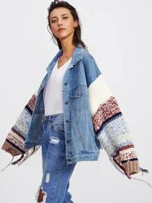 contrast knit sleeve denim jacket