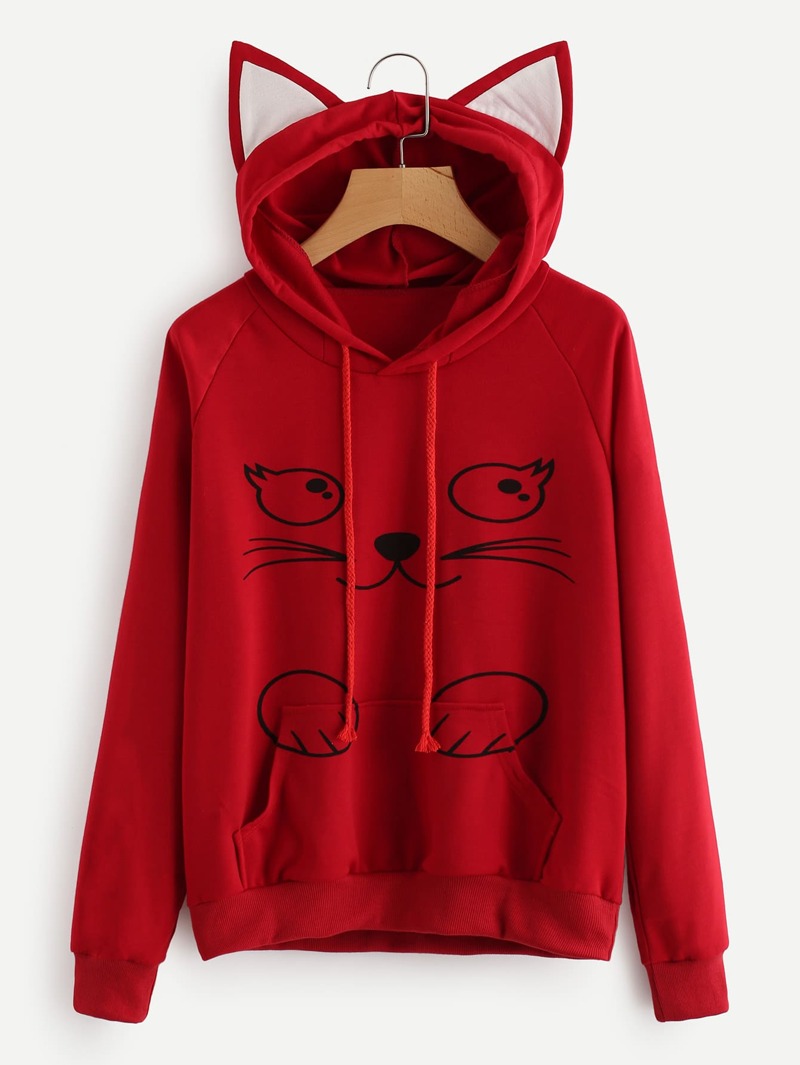 

Contrast Cat Ear Cartoon Print Hoodie, Red