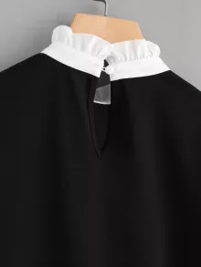 Frill Neck Pearl Embellished Ruffle Hem Top - Black and White - View 4