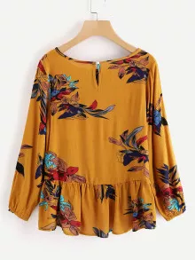 Floral Print Frill Dip Hem Blouse - Yellow - View 4