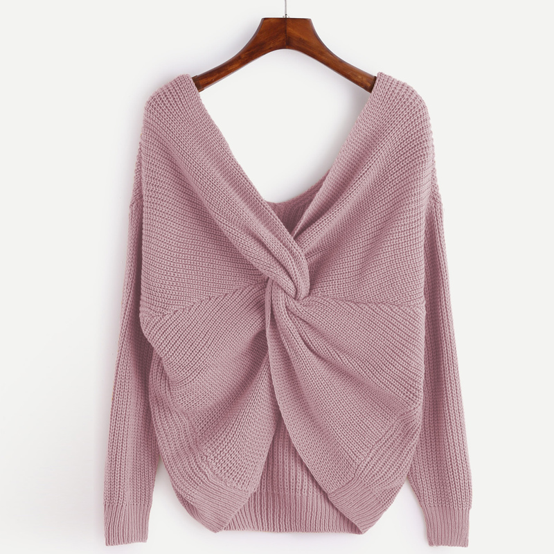 

V Neckline Twist Front Sweater, Pink