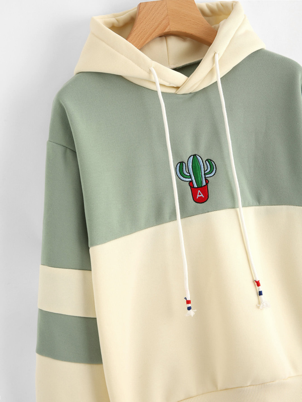 Cactus Embroidered Color Block Hoodie | SHEIN USA