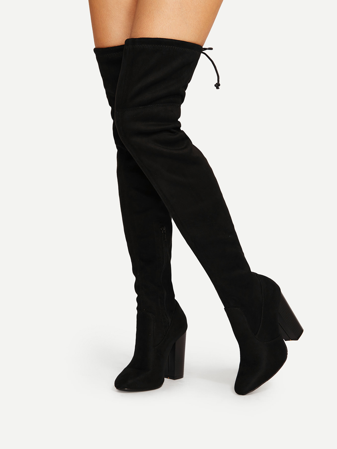 lace up detail block thigh high heeled boots