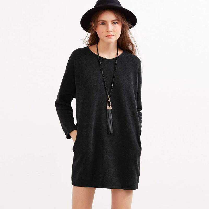 

Drop Shoulder Marled Knit Dress, Black