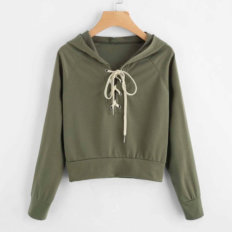 

Lace Up Raglan Sleeve Hoodie, Army green