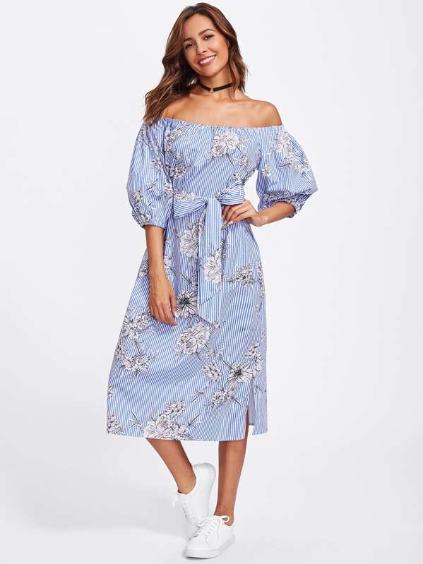 

Floral & Striped Self Tie Slit Off Shoulder Dress, Blue