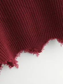 SHEIN Drop Shoulder Raw Cut Edge Jumper - Burgundy - View 4