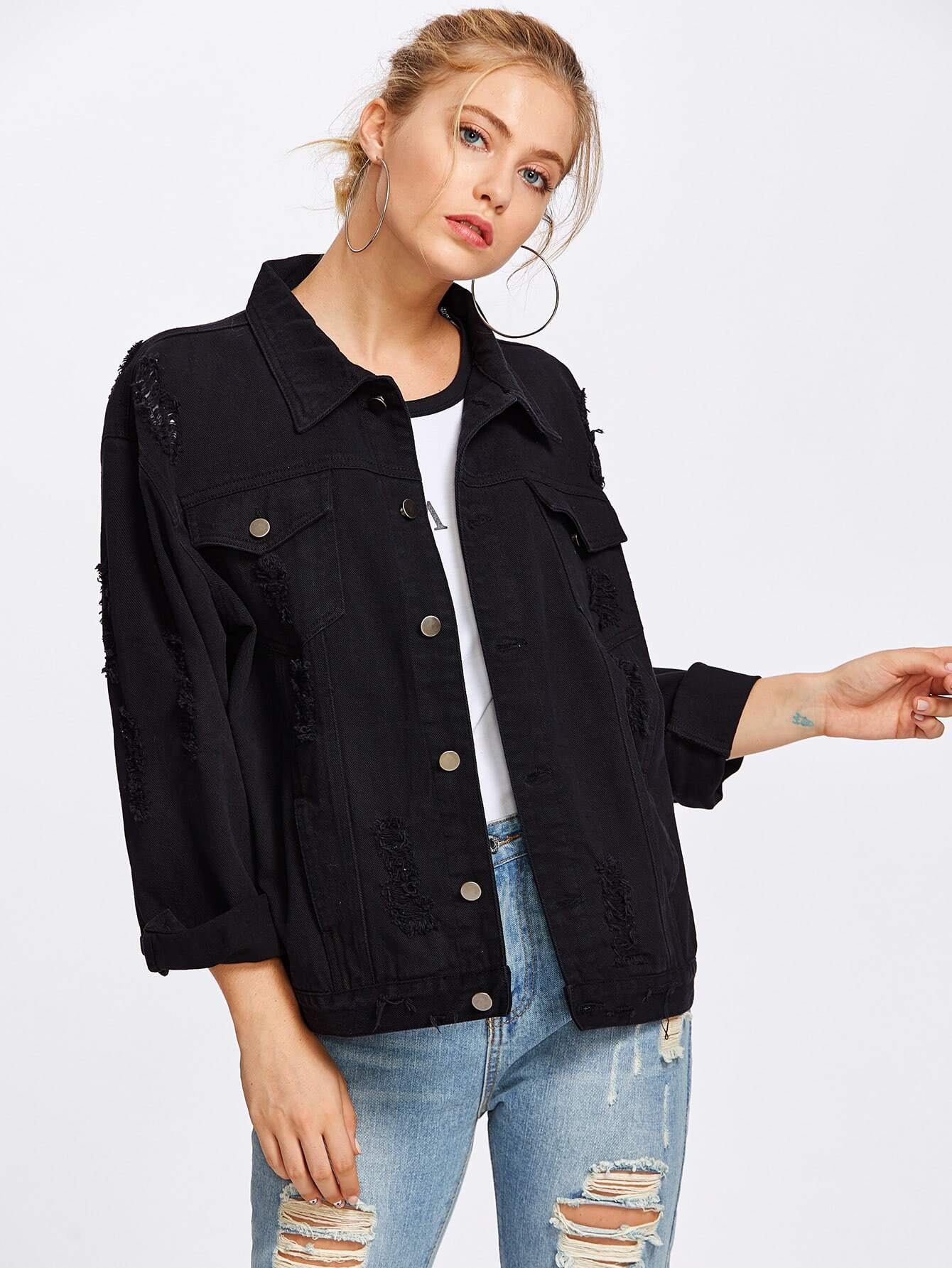 SHEIN Black Wash Distressed Denim 