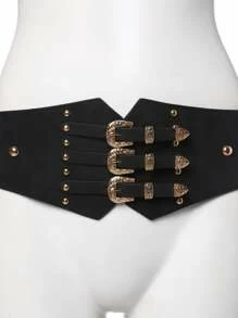 Cinturón elástico con diseño de remache con triple hebilla - Negro - Ver 3