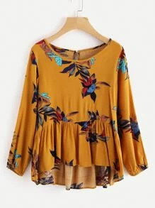 Floral Print Frill Dip Hem Blouse - Yellow - View 1