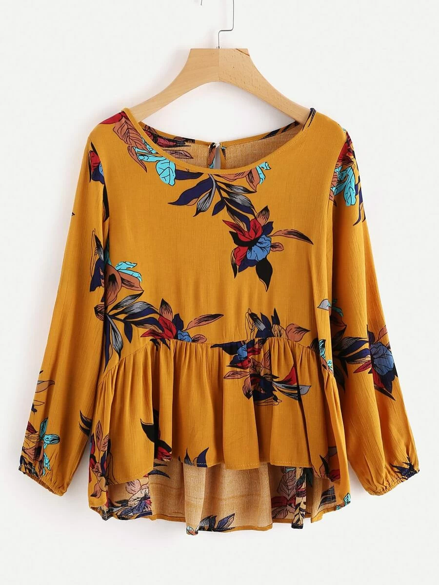 Floral Print Frill Dip Hem Blouse - Yellow - View 1