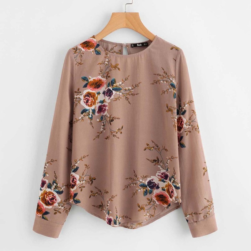

Flower Print Curved Hem Blouse, Multicolor