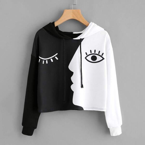 

Contrast Face Print Hoodie, Black and white