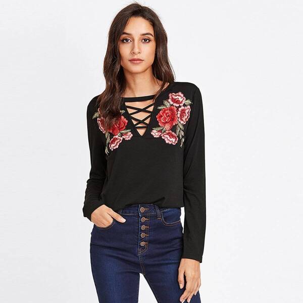 

Embroidery Patch Crisscross V Neck Top, Black