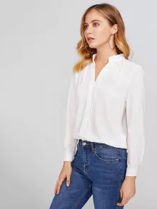Stand Neck Pleated Detail Chiffon Shirt - White - View 4