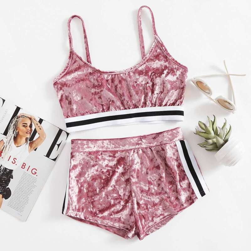 

Velvet Stripe Trim Crop Cami Top With Shorts, Pink