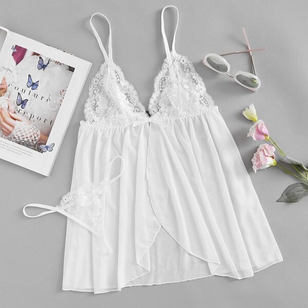

Contrast Lace Slip Dress With T-Back Thong
