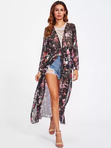 Random Floral Slit Side Drawstring Kimono, For Summer Beach Vacation - Multicolor - View 3