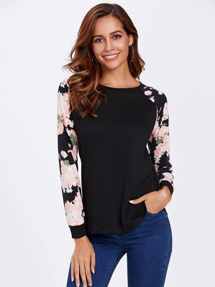 SHEIN Floral Raglan Sleeve T-shirt - Multicolor - View 1