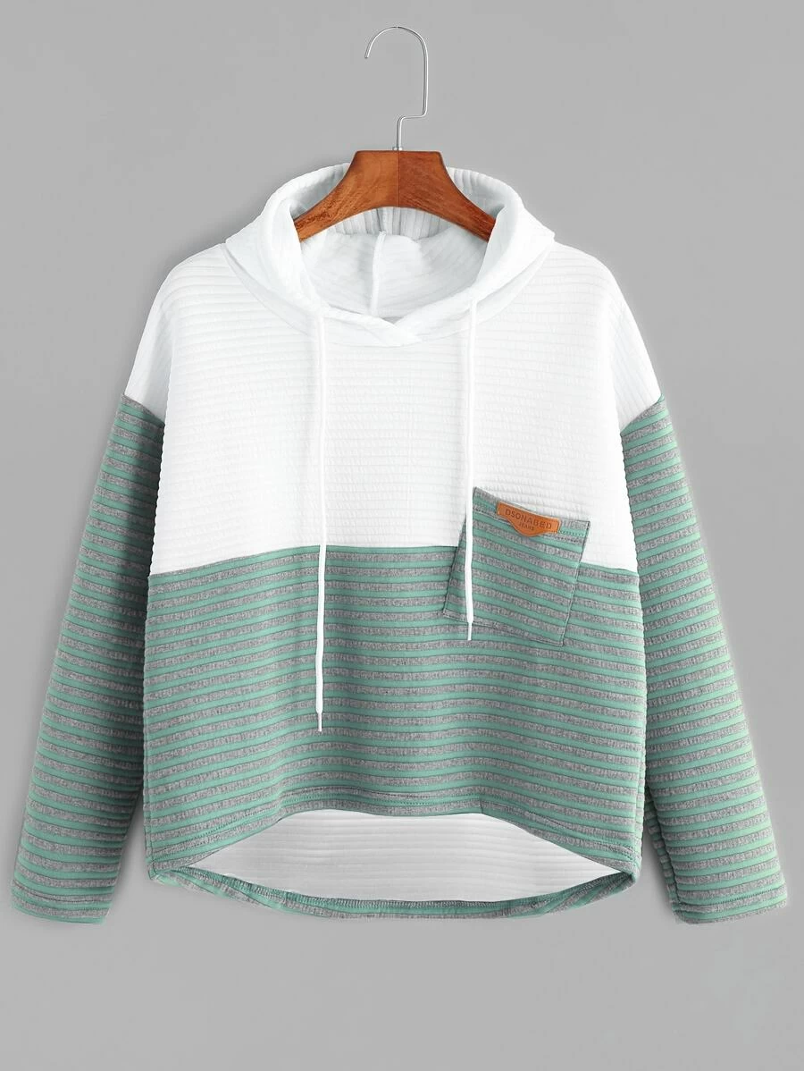 Contrast Striped High Low Hoodie - Multicolor - View 1