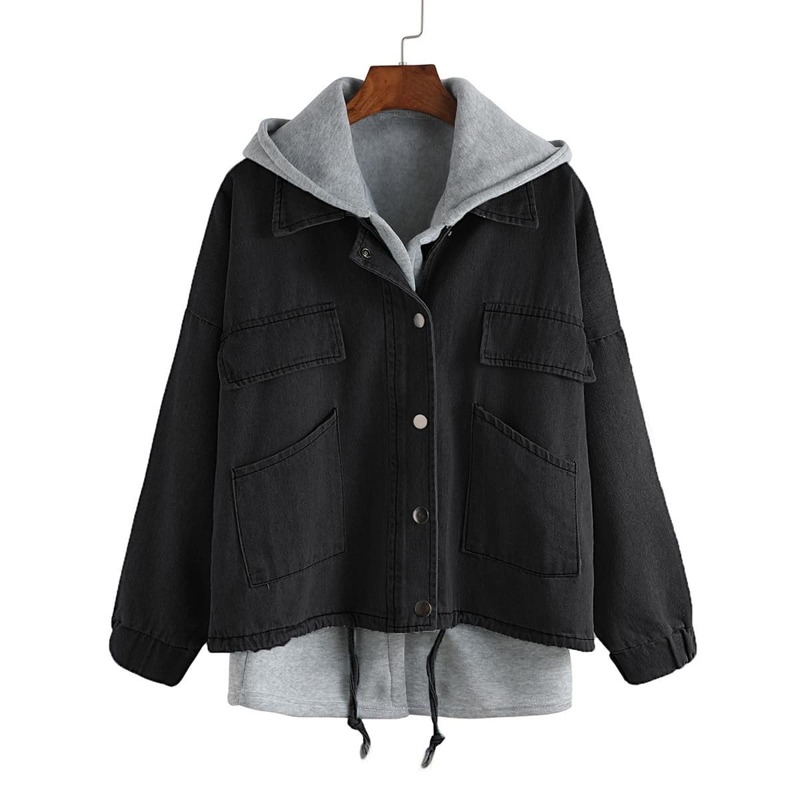 

Hooded Drawstring Denim Two Pieces Outerwear, Black