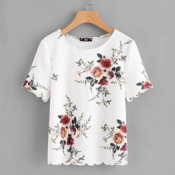 

Floral Print Scalloped Hem Top, White