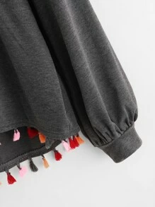 SHEIN LUNE Colourful Tassel Trim Dip Hem Heathered Pullover - Dark Grey - View 4