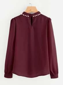 Blusa de gasa de manga puff con perlas - Burdeos - Ver 2