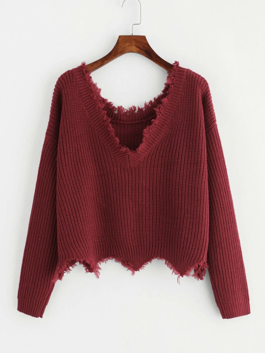 SHEIN Drop Shoulder Raw Cut Edge Jumper - Burgundy - View 1