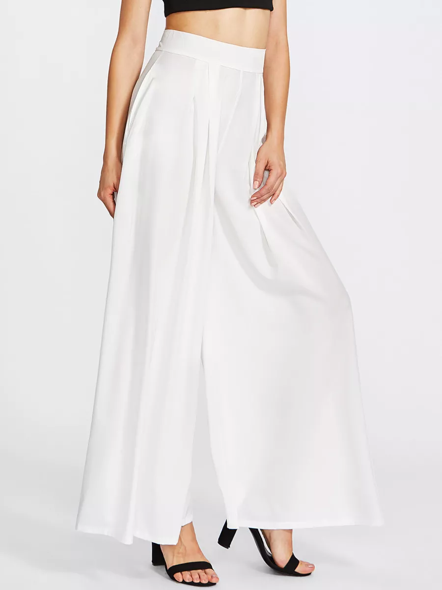 Pleated Detail Palazzo Pants - White - View 1