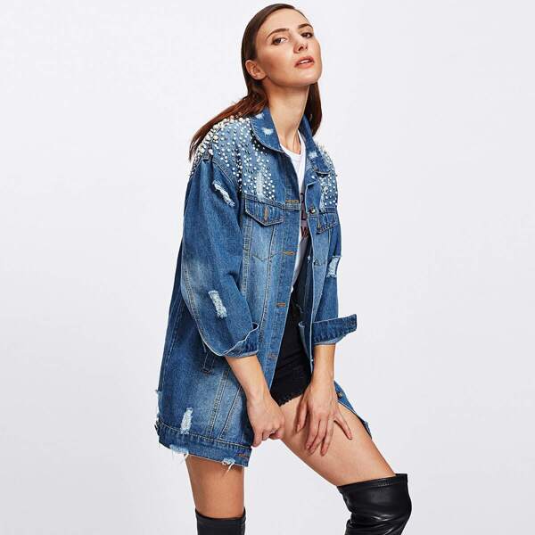 

Faux Pearl Frayed Bleach Wash Denim Jacket, Blue