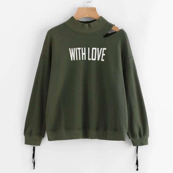 

Cutout Shoulder Zip Cuff Graphic Sweatshirt, Army green