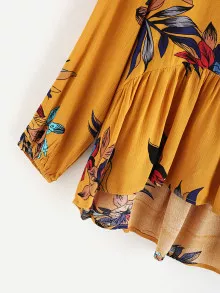 Floral Print Frill Dip Hem Blouse - Yellow - View 2